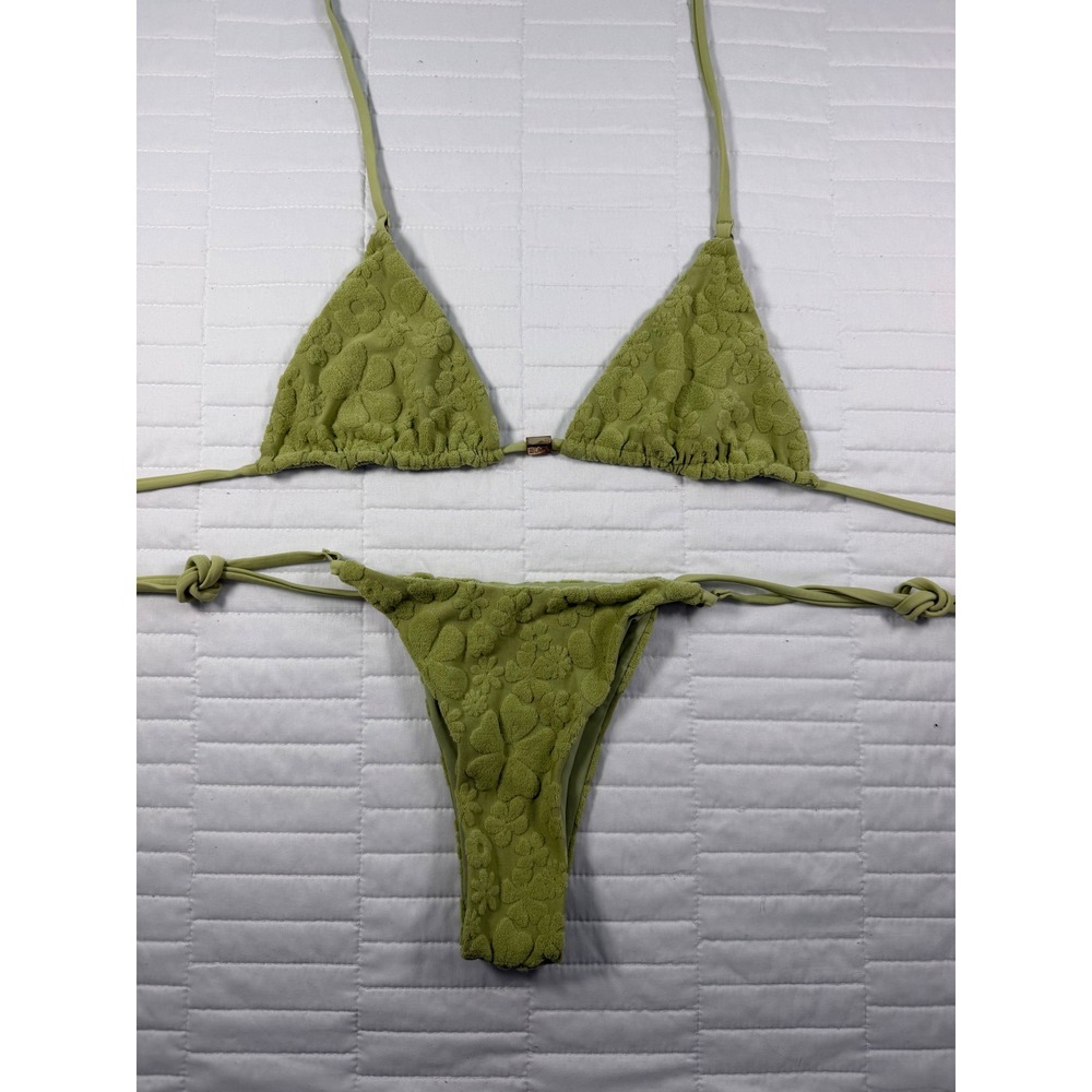Blackbough Swim Sage Green Floral Terry Triangle Bikini Set Medium